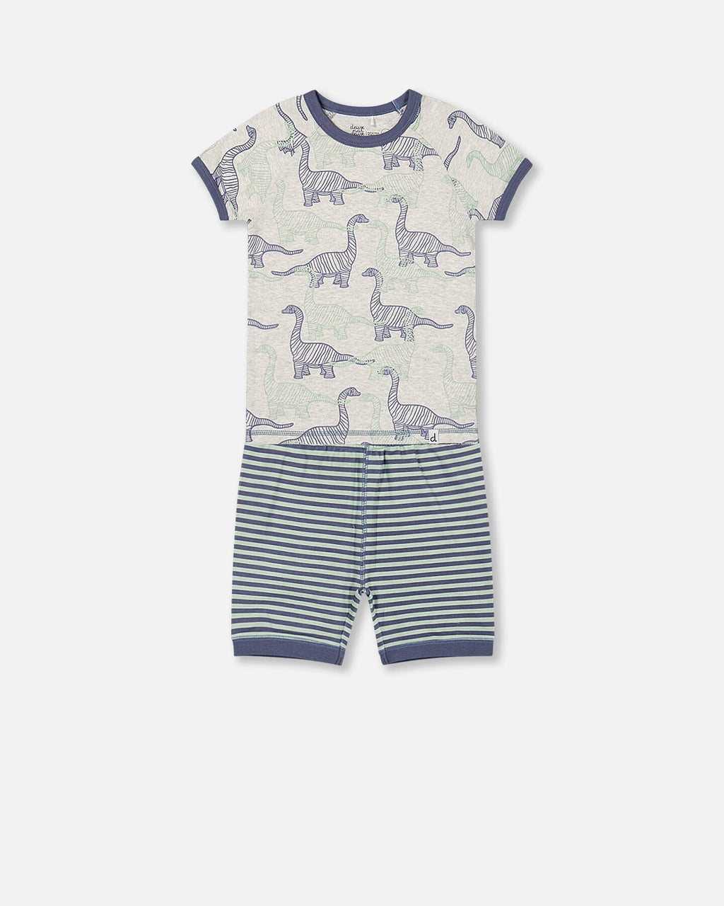 Organic Cotton Two Piece Short Pajama Set Heather Beige Printed Dinosaurs