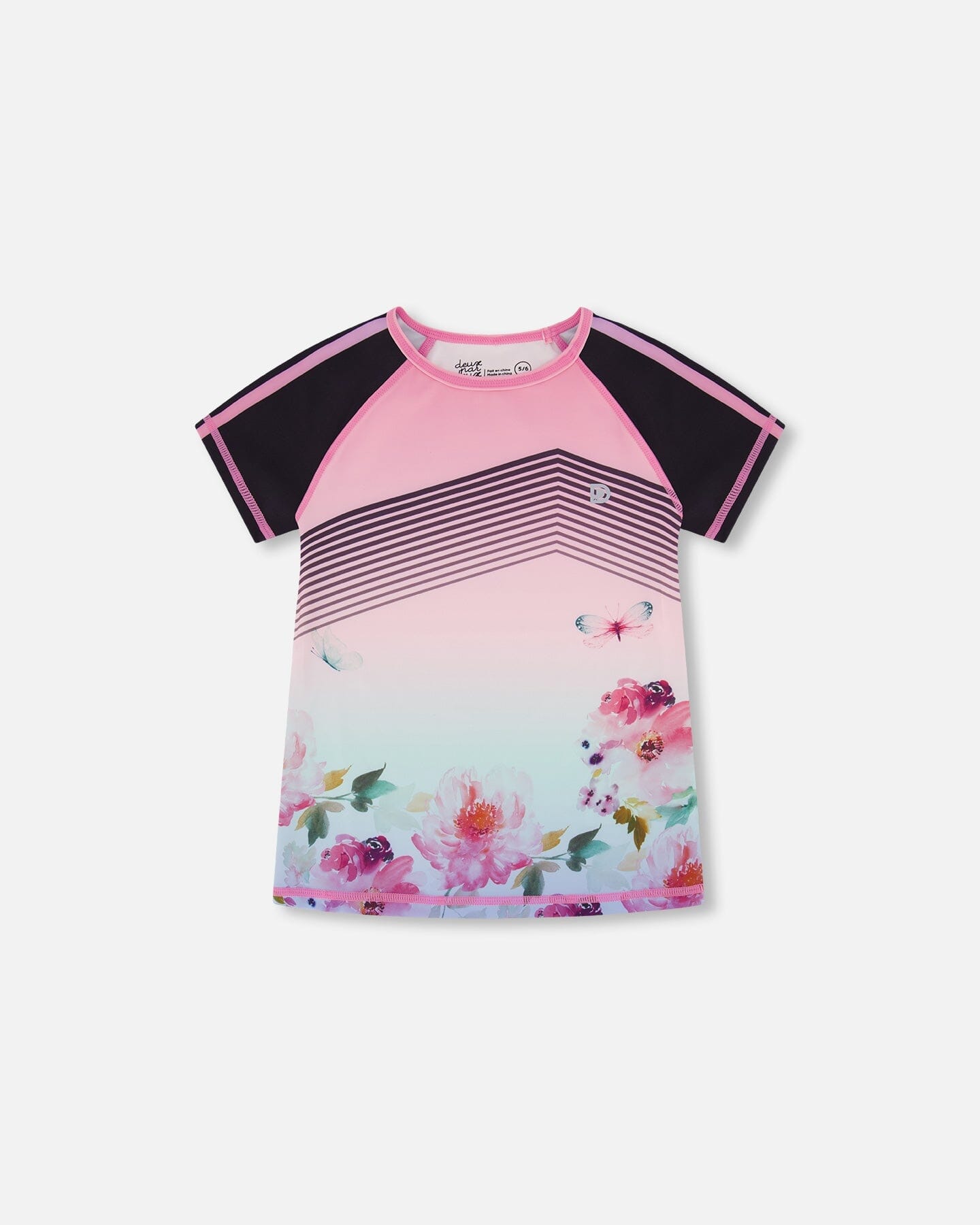 Short Sleeve Athletic Top Gradient Pink Printed Big Flowers