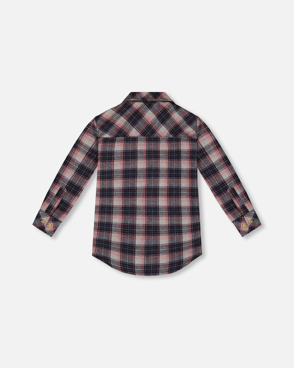 Long Sleeve Button Front Tunic Flannel Shirt Plaid Navy And Pink