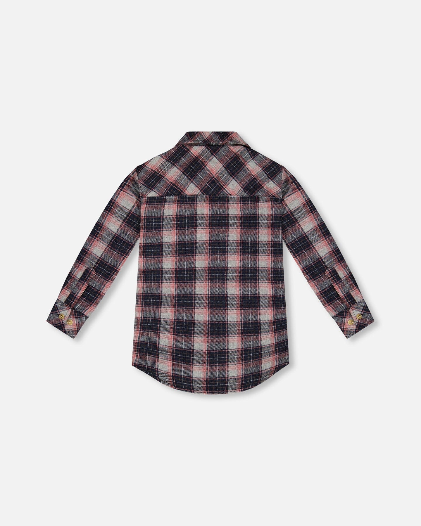 Long Sleeve Button Front Tunic Flannel Shirt Plaid Navy And Pink