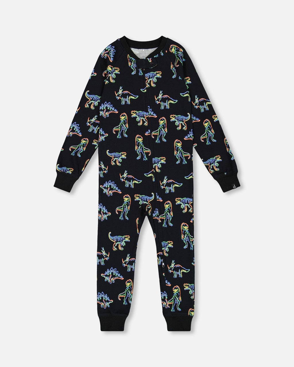 Organic Cotton One Piece Pajama Black Printed Neon Dino