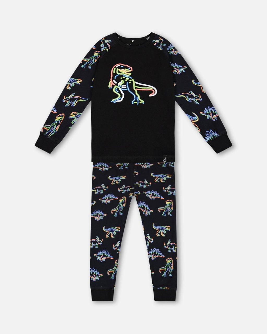 Organic Cotton Two Piece Pajama Set Black Printed Neon Dino