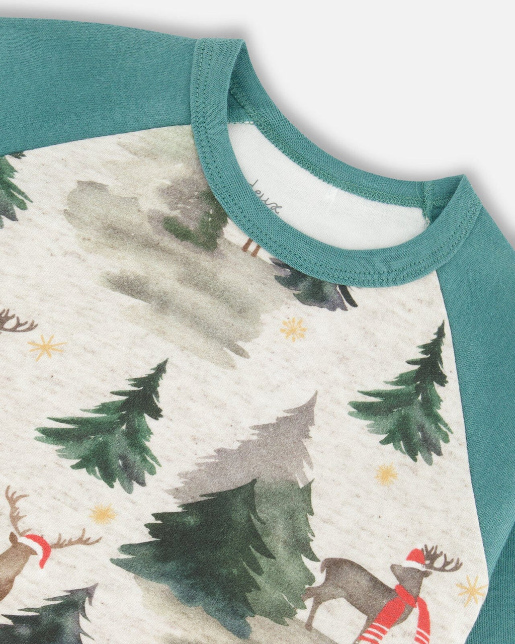 Organic Cotton Two Piece Pajama Set Gray Mix And Green Printed Reindeer