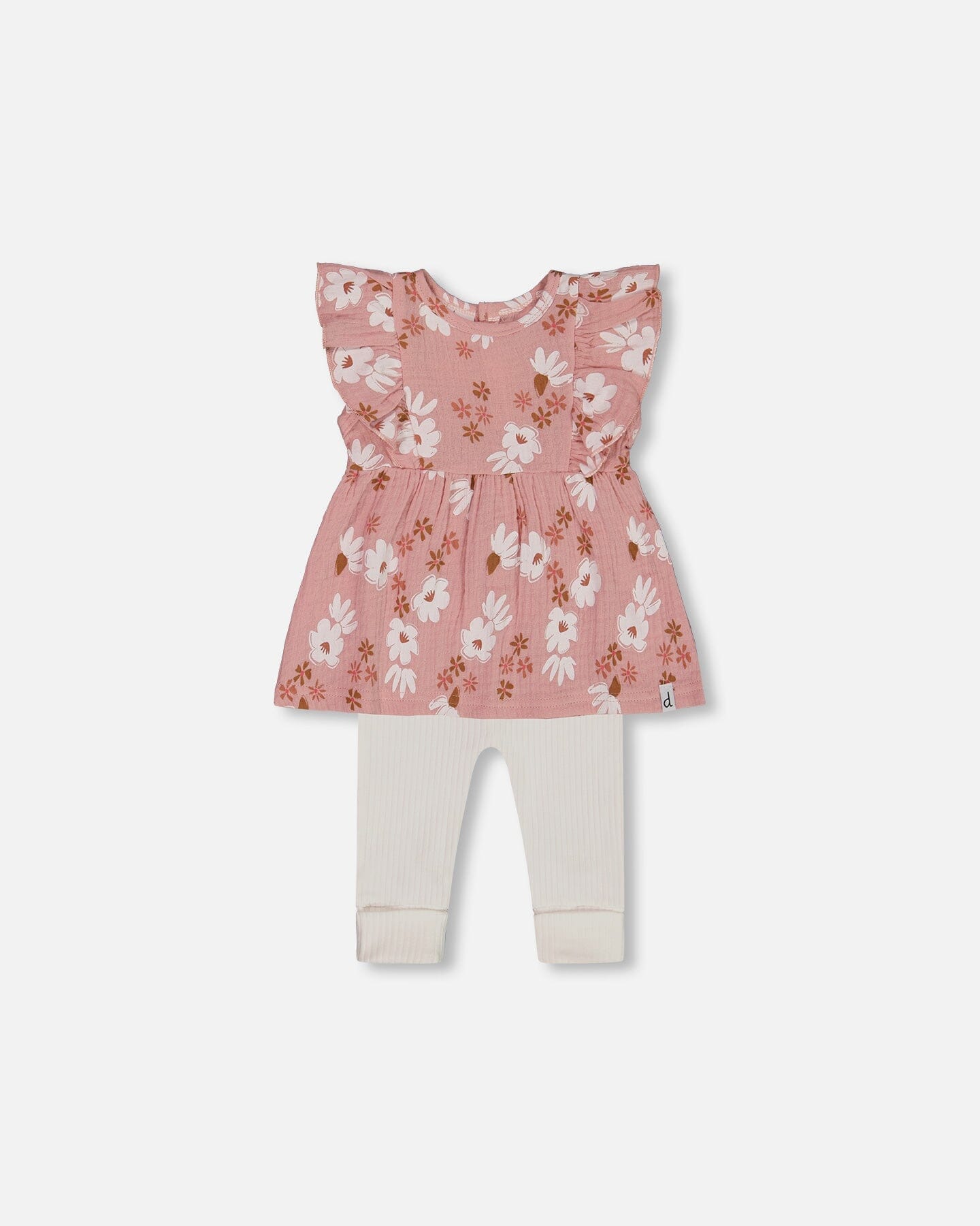 Printed Muslin Tunic And Rib Leggings Set Pink And White Flowers