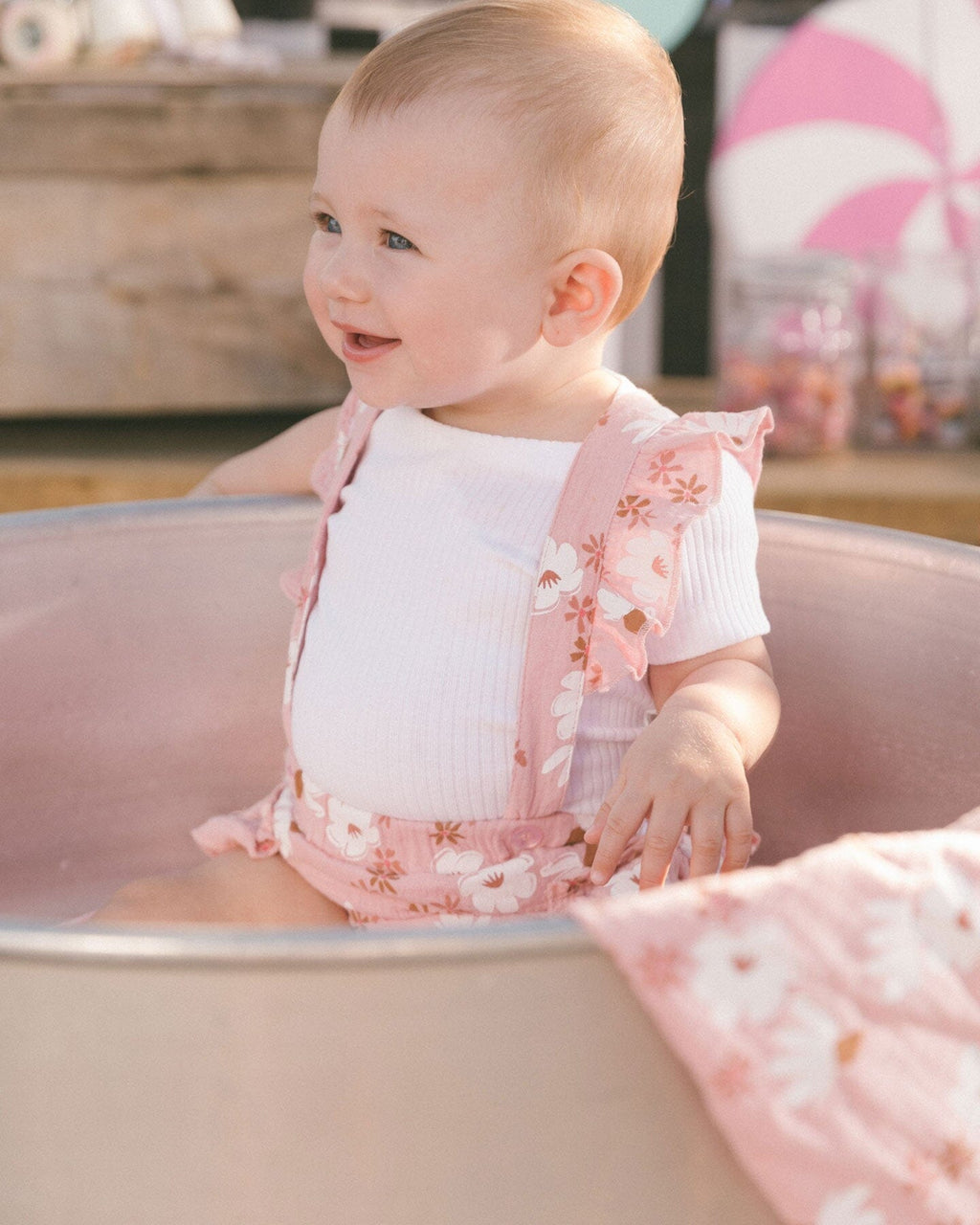 Printed Muslin Short And Organic Cotton Bodysuit Set Pink And White Flowers