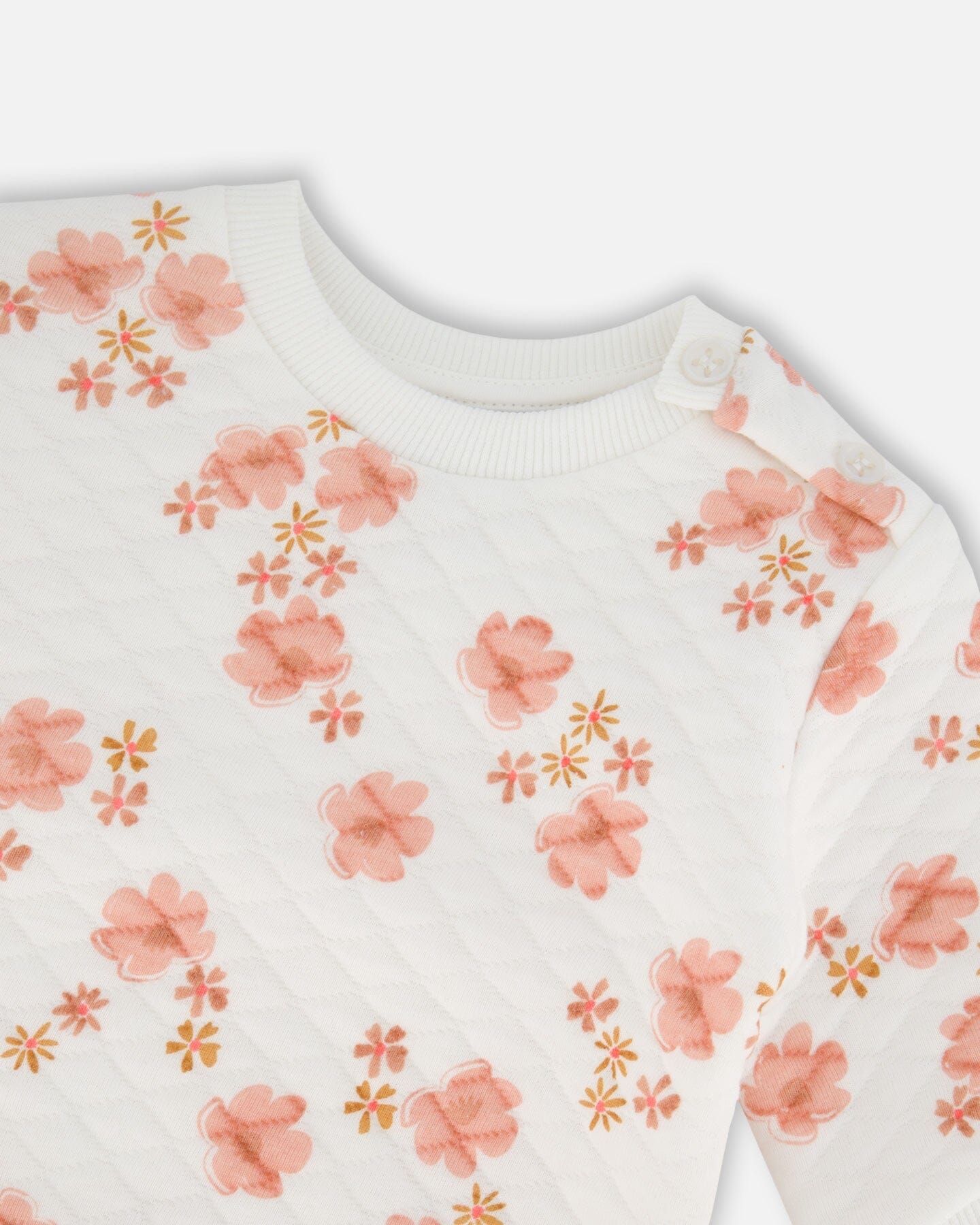 Printed Quilted Top And Pant Set White And Pink Flowers