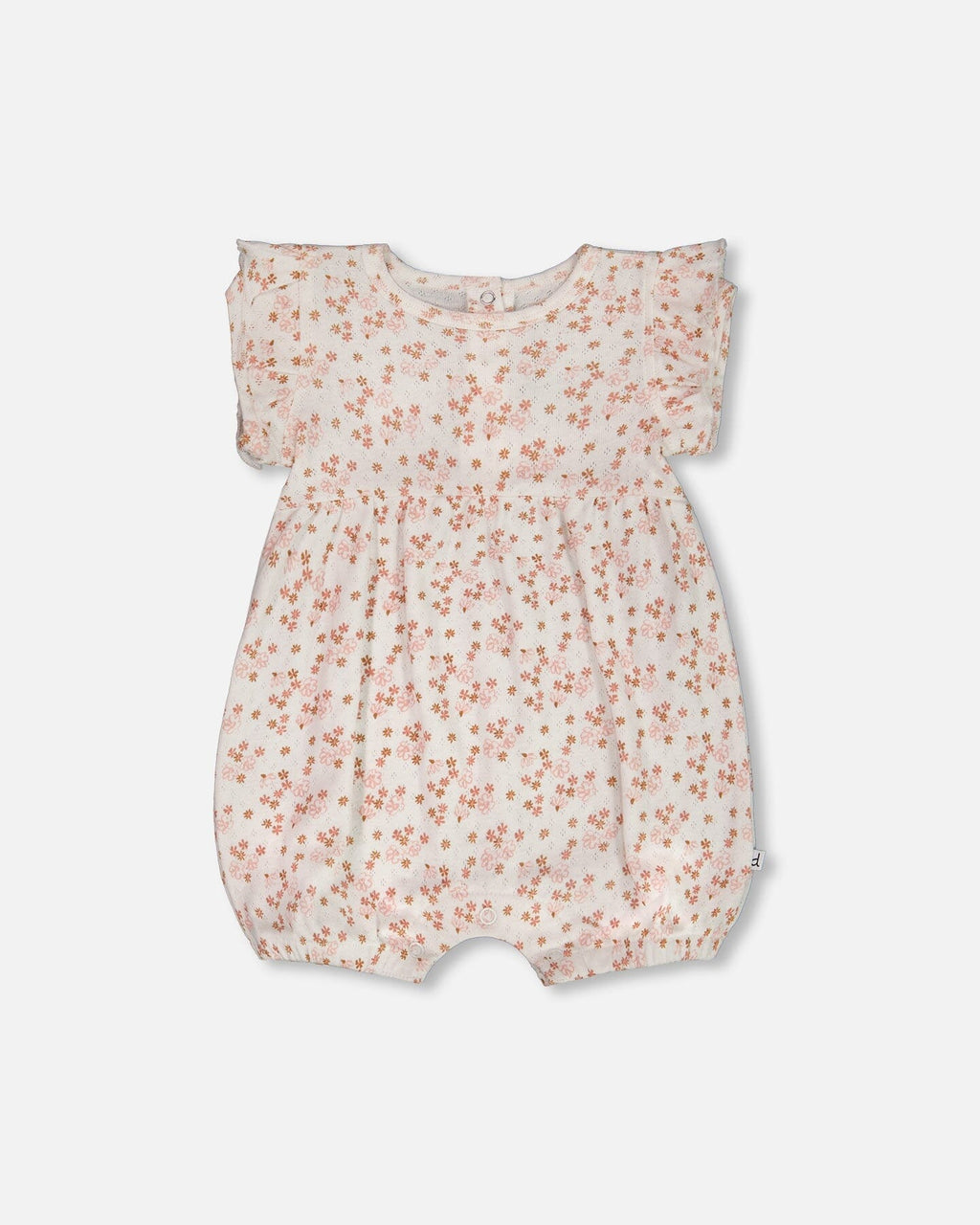 Organic Cotton Pointelle Romper With Frills Printed White And Pink Flowers