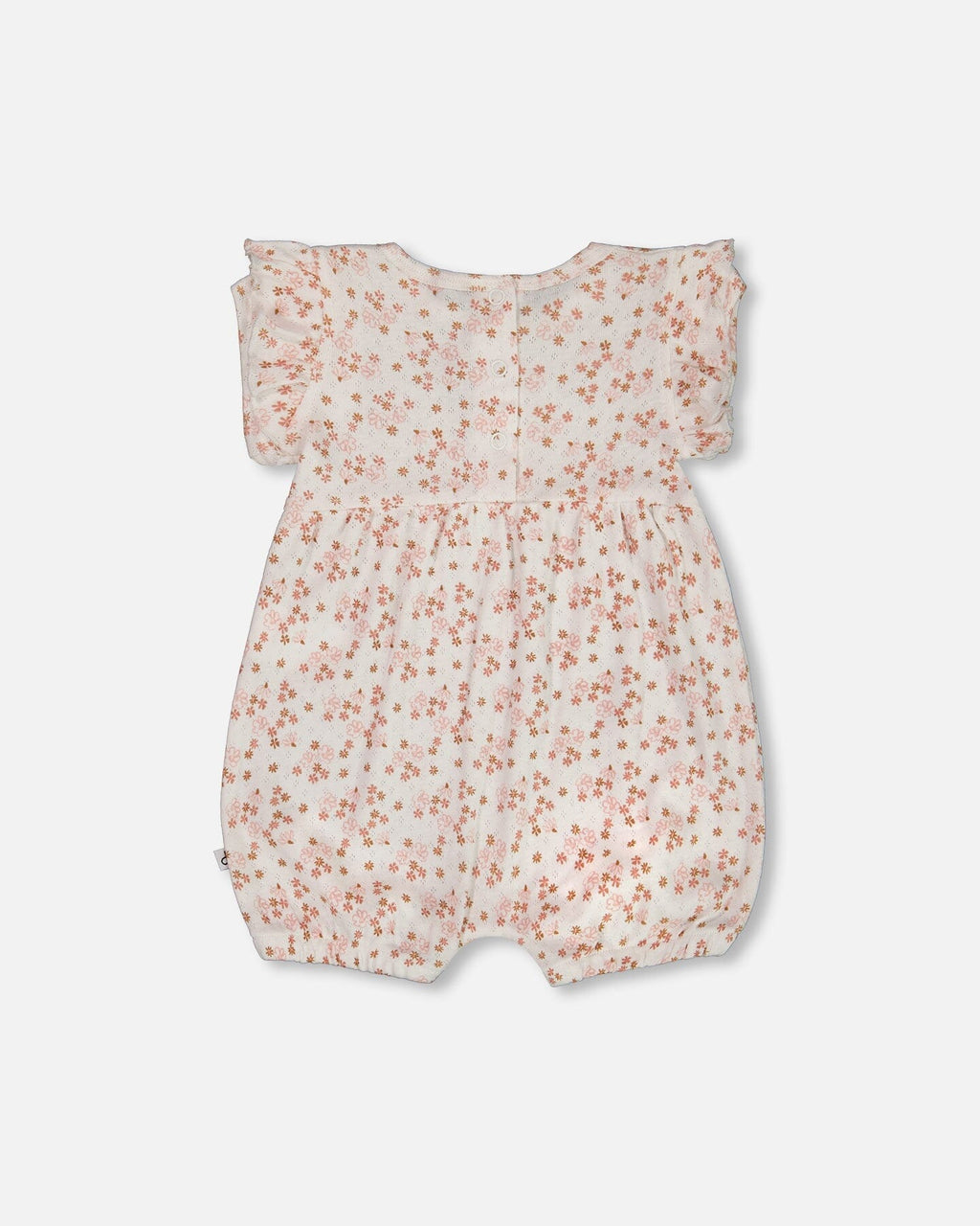 Organic Cotton Pointelle Romper With Frills Printed White And Pink Flowers