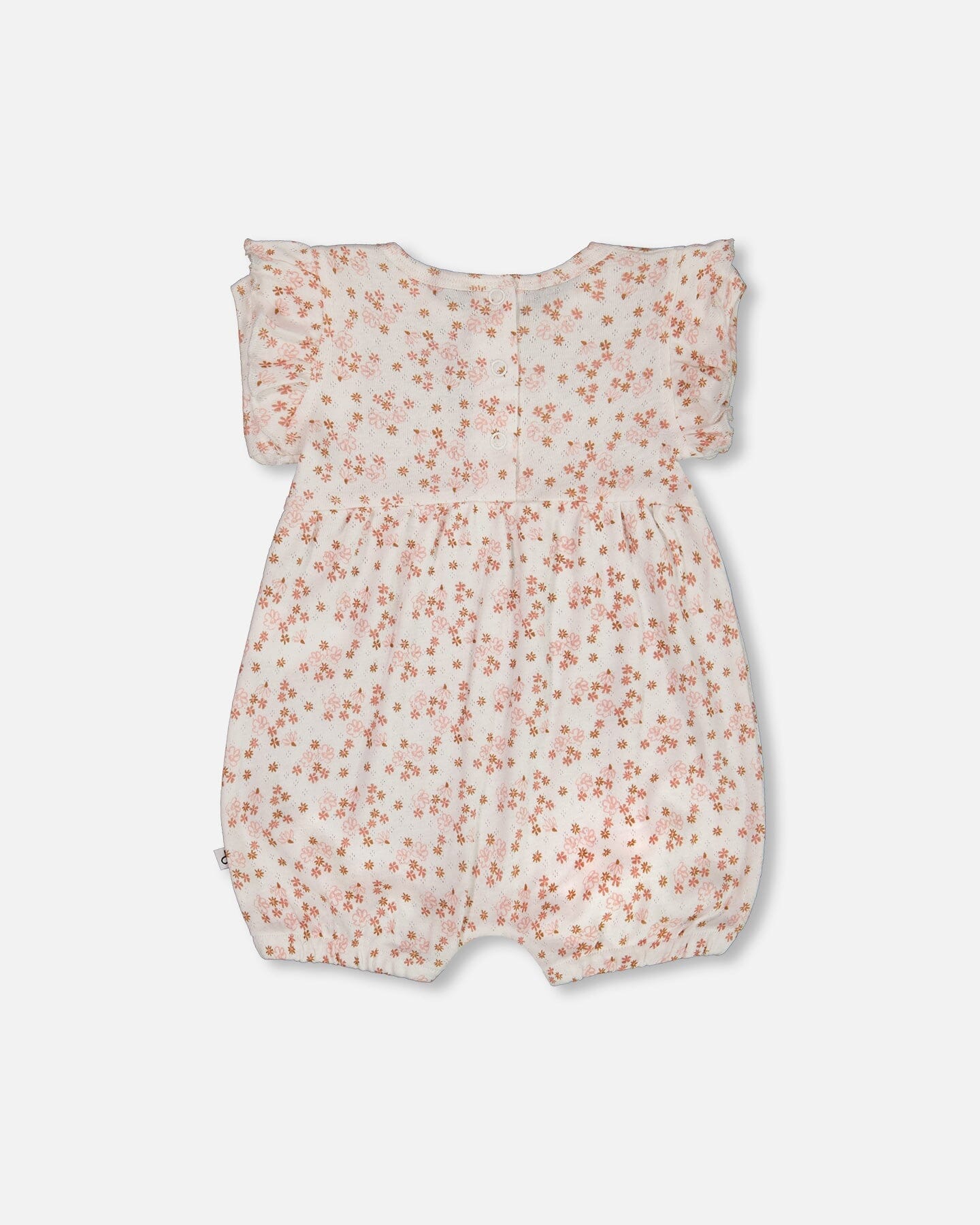 Organic Cotton Pointelle Romper With Frills Printed White And Pink Flowers