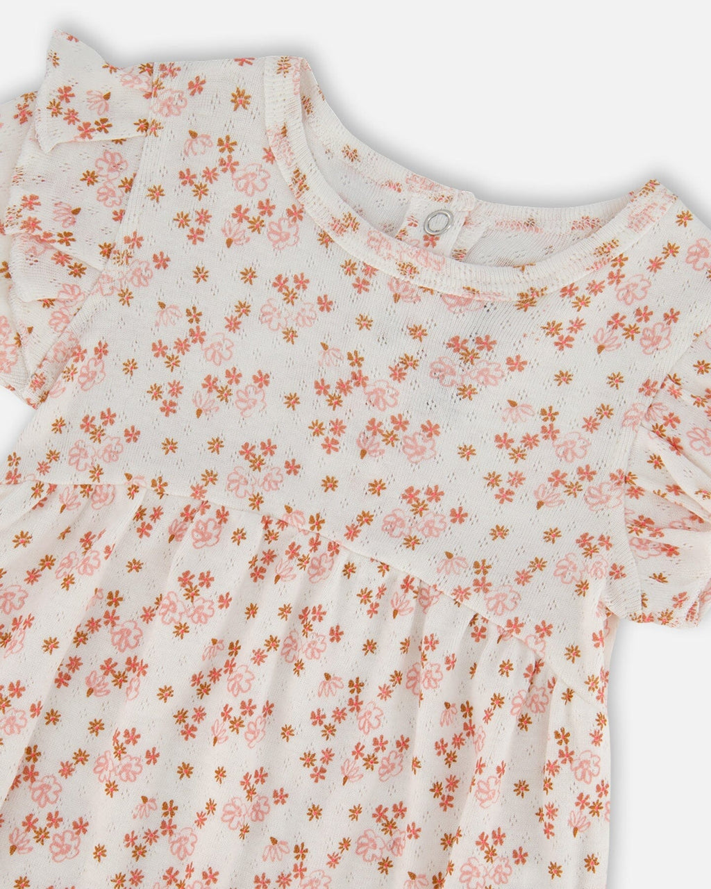 Organic Cotton Pointelle Romper With Frills Printed White And Pink Flowers