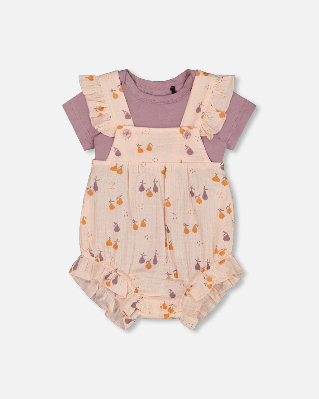 Printed Muslin Shortall And Organic Cotton Onesie Set Peach With Pears