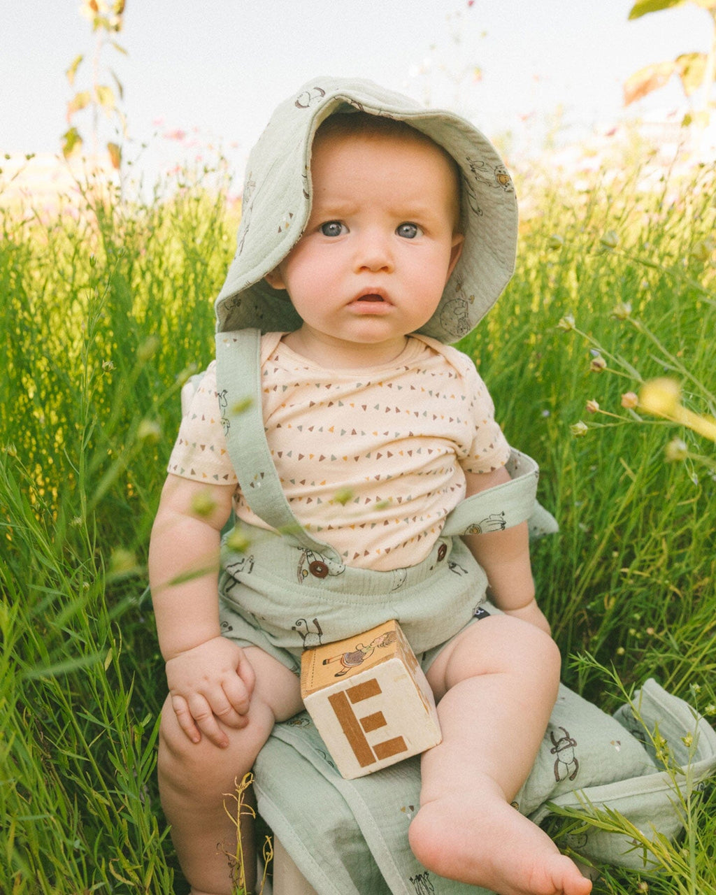 Printed Muslin Shortall And Organic Cotton Onesie Set Sage Monkey And Off-White