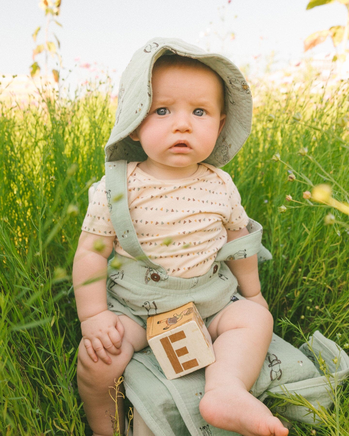 Printed Muslin Shortall And Organic Cotton Onesie Set Sage Monkey And Off-White