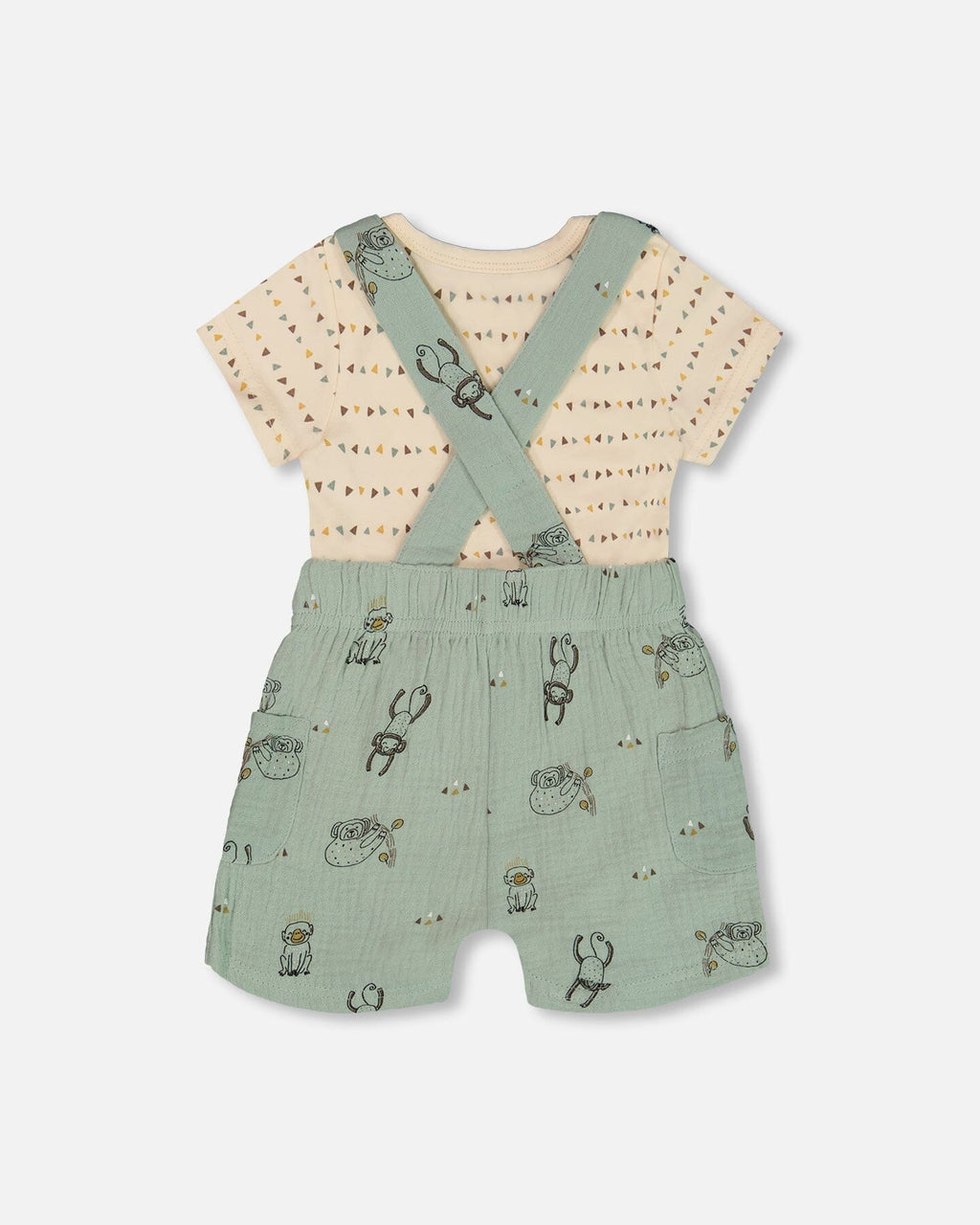 Printed Muslin Shortall And Organic Cotton Onesie Set Sage Monkey And Off-White