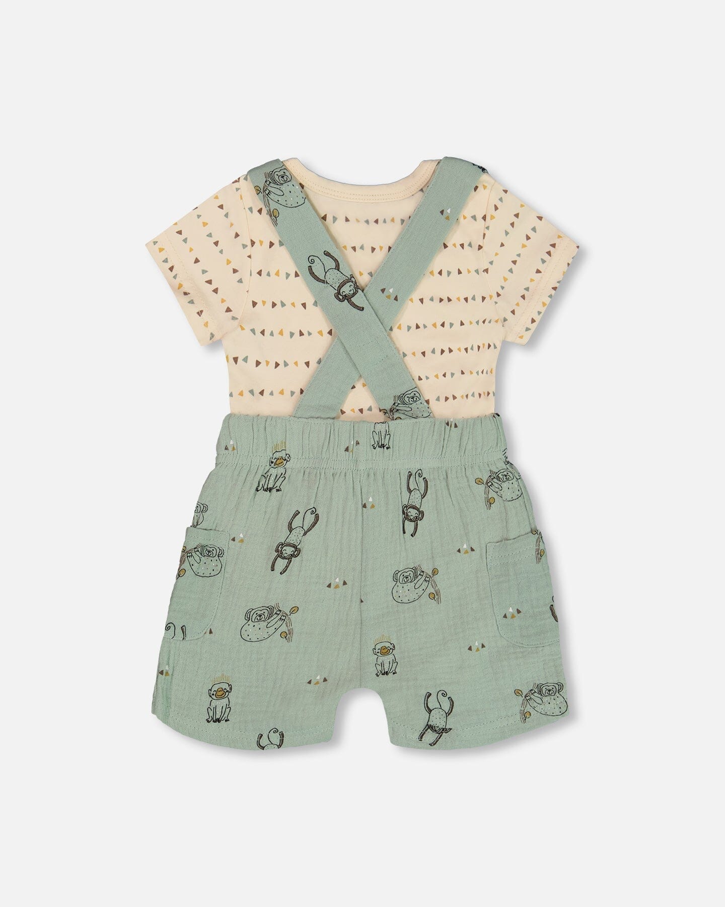 Printed Muslin Shortall And Organic Cotton Onesie Set Sage Monkey And Off-White