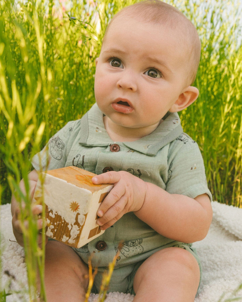 Printed Muslin Romper Sage Monkey