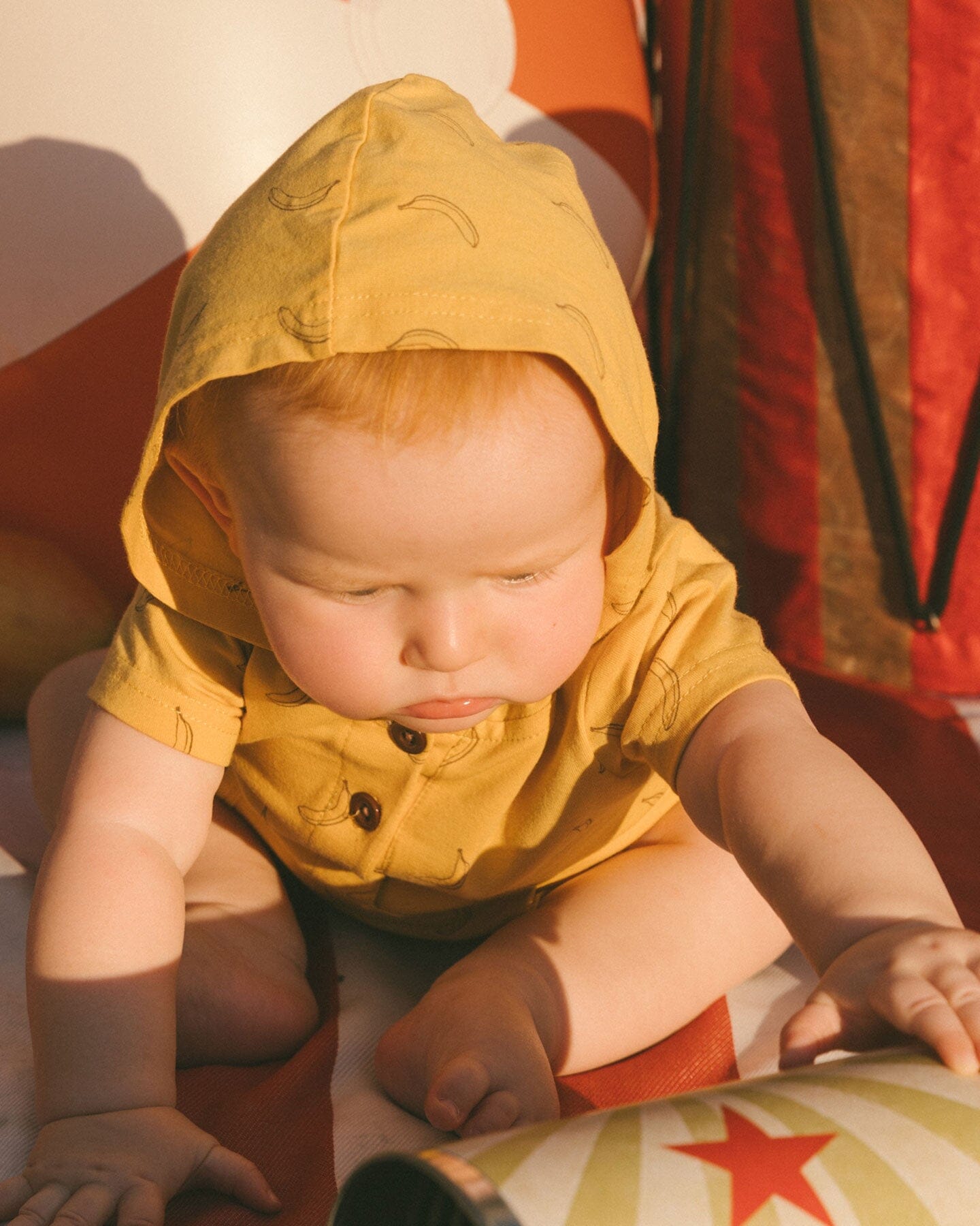 Printed Organic Cotton Hooded Romper Yellow Bananas