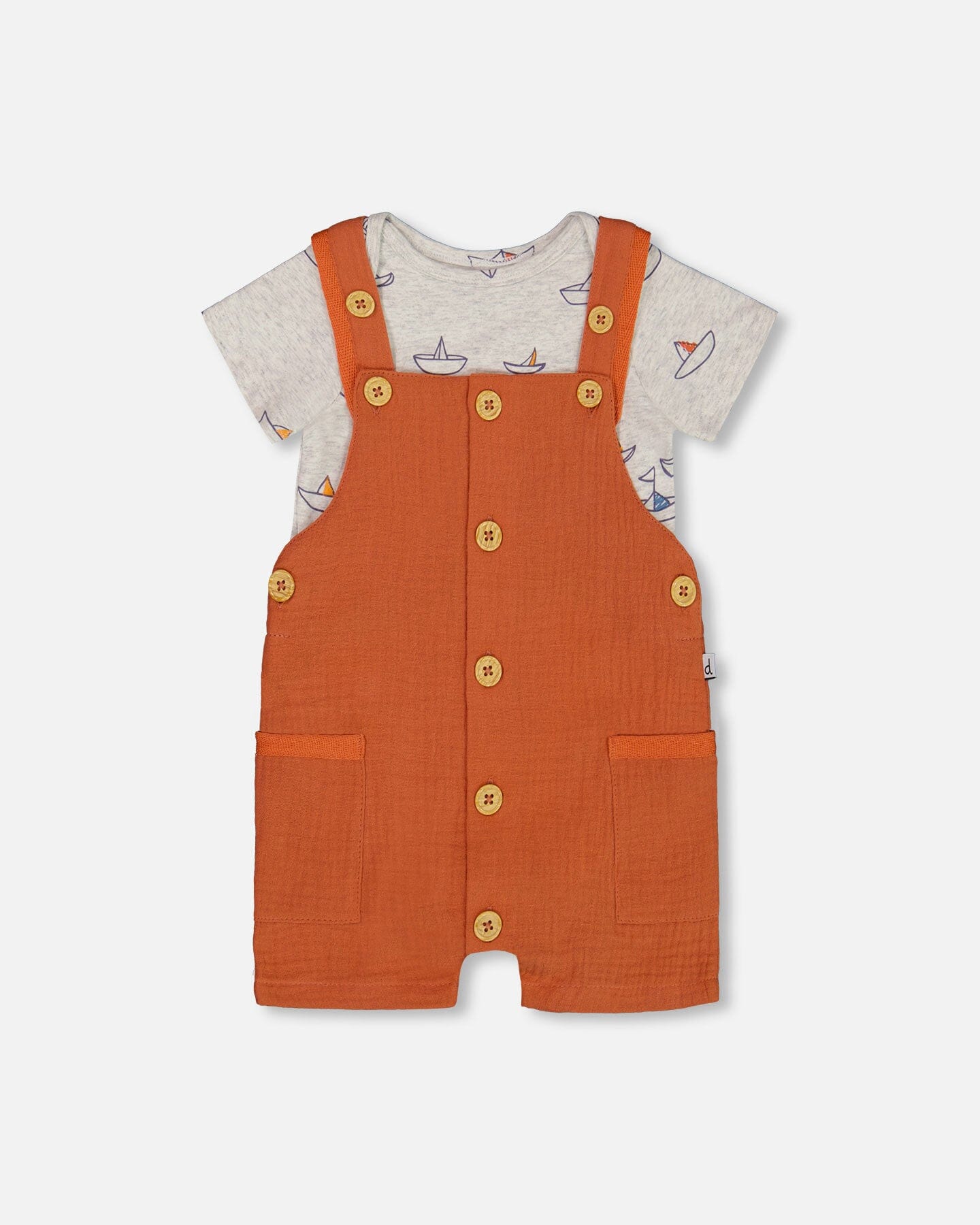 Printed Organic Cotton Onesie And Muslin Shortall Set Terracotta And Small Boats