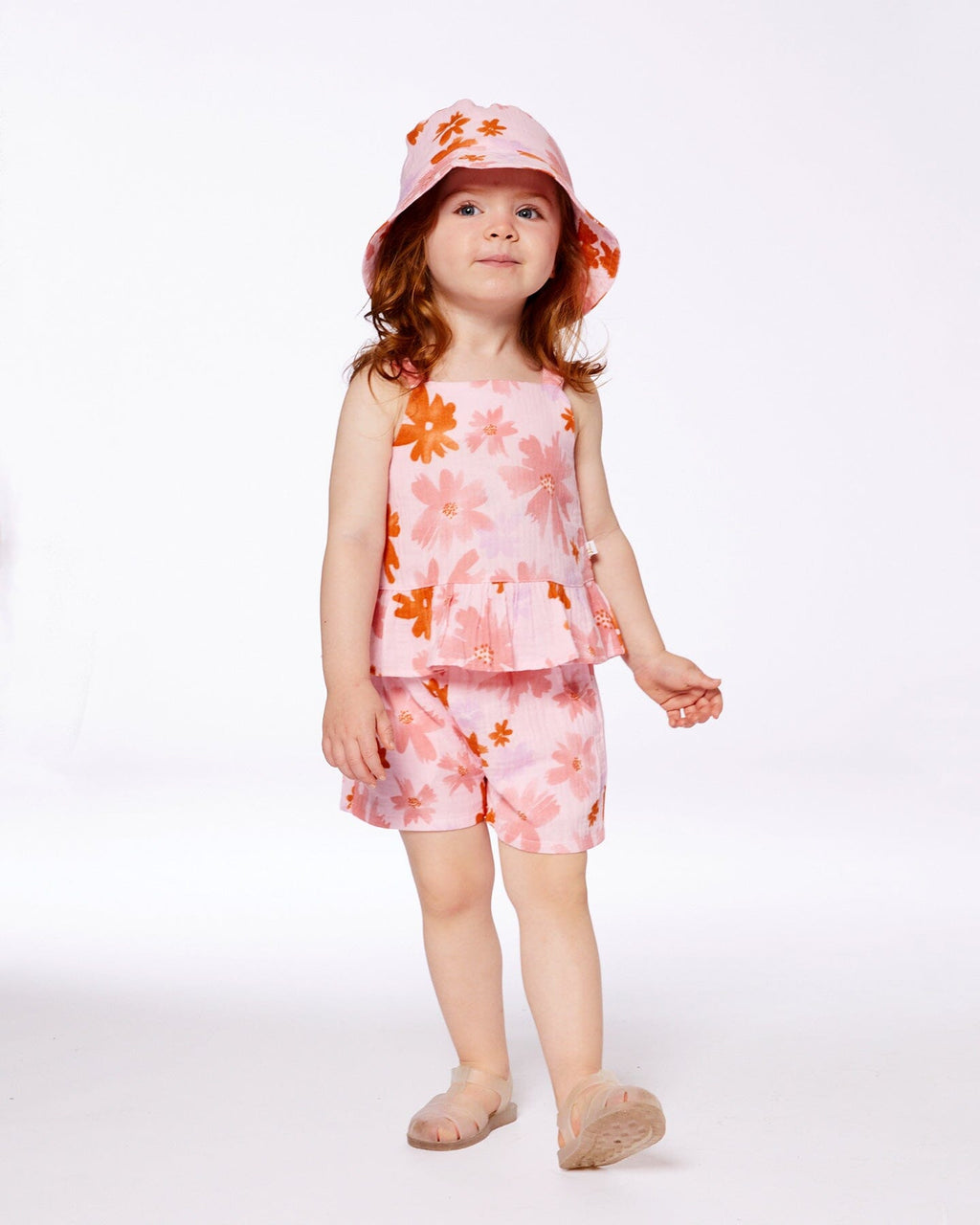 Printed Tank Top And Short Muslin Set With Frills Pink And Coral Flowers
