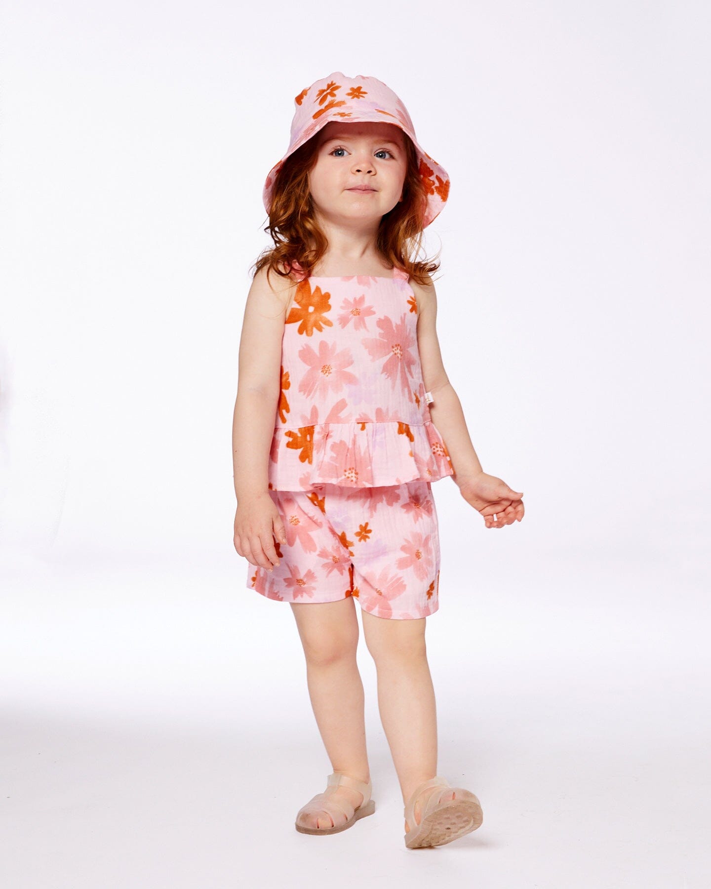 Printed Tank Top And Short Muslin Set With Frills Pink And Coral Flowers
