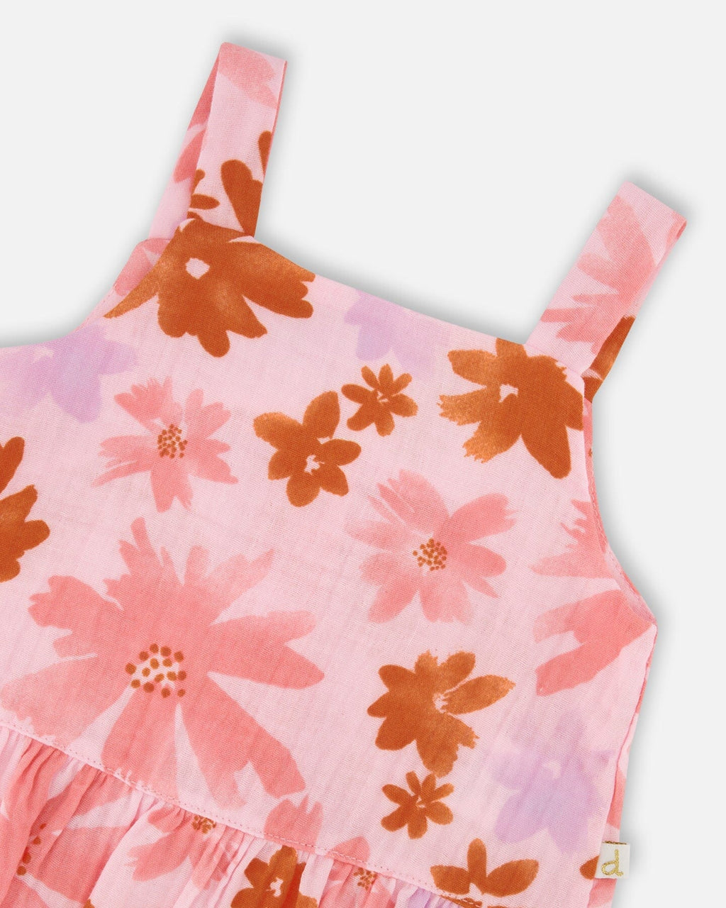 Printed Tank Top And Short Muslin Set With Frills Pink And Coral Flowers