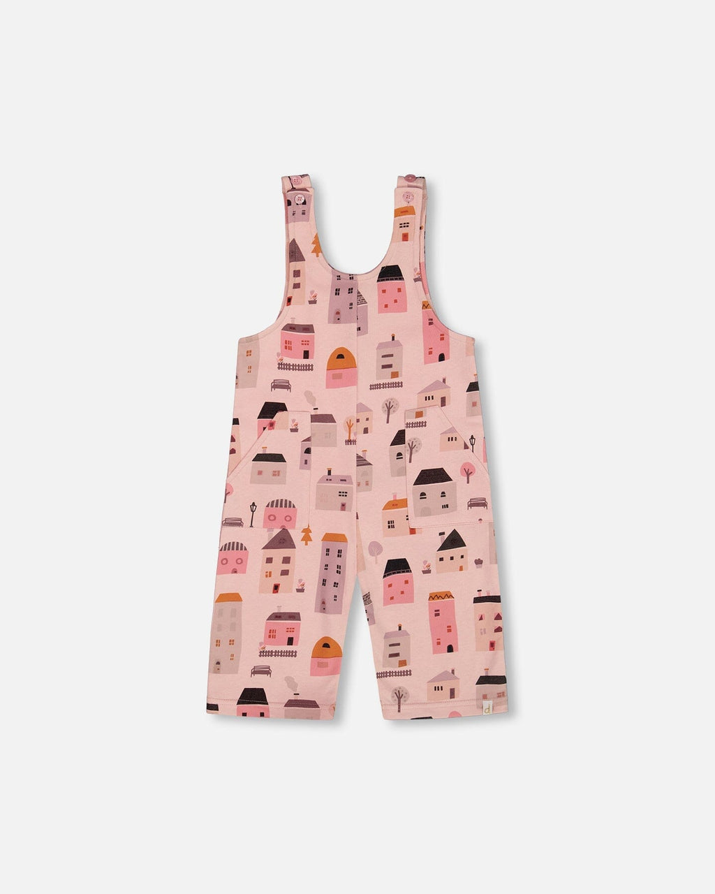 Printed French Terry Overalls Pink And Coral Houses