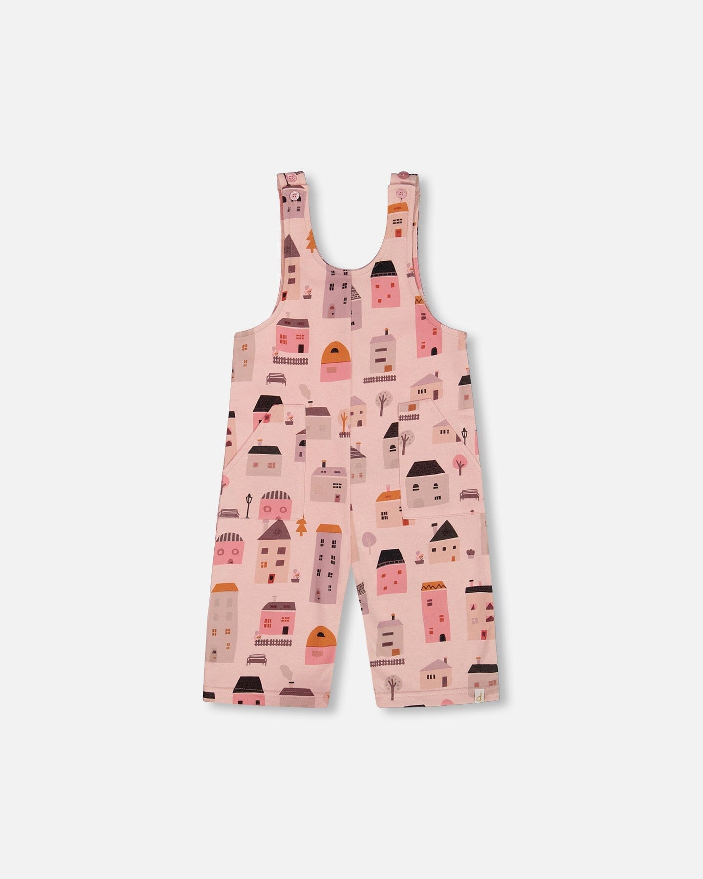 Printed French Terry Overalls Pink And Coral Houses