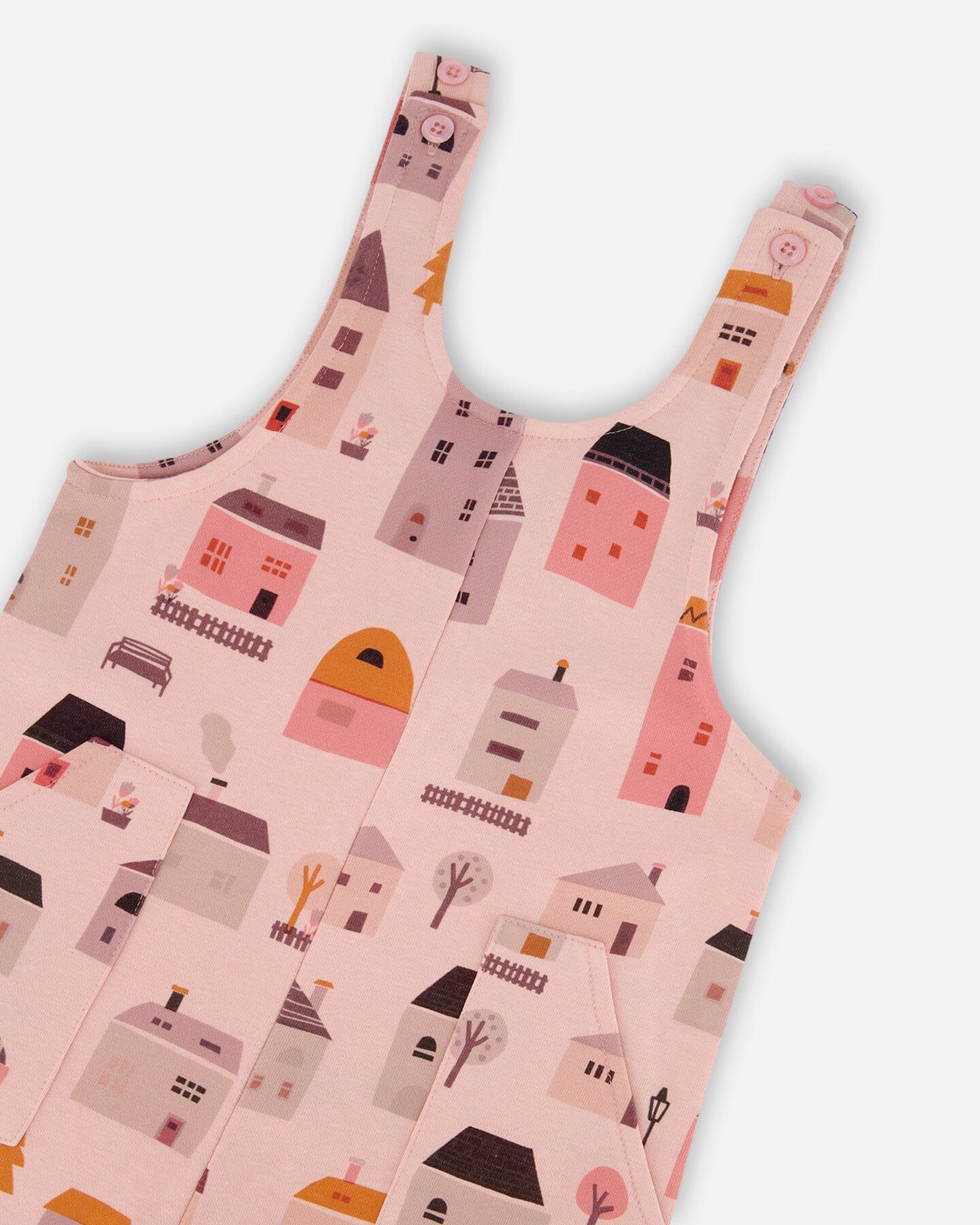 Printed French Terry Overalls Pink And Coral Houses