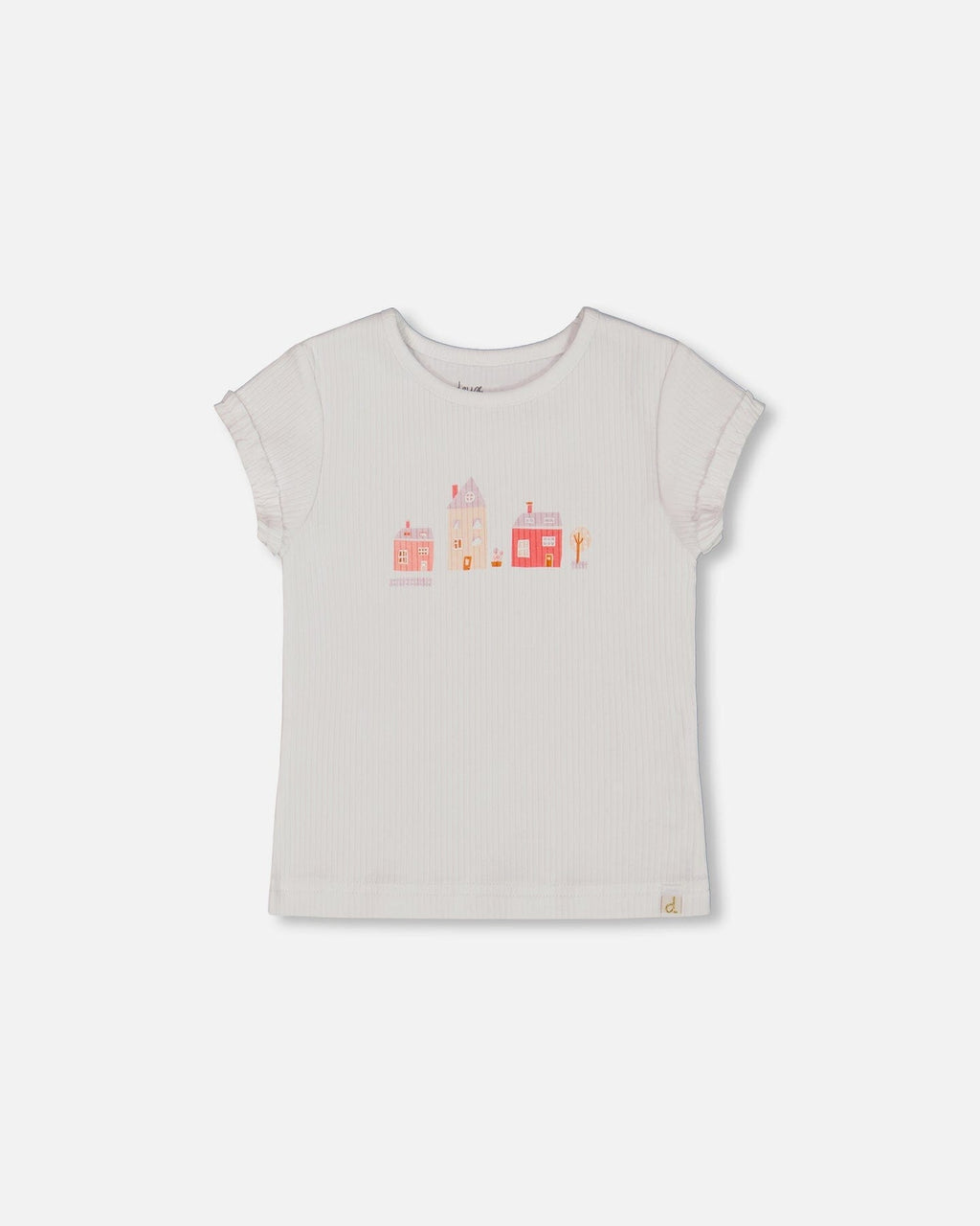 Flat Back Rib Top With Print White And Pink House