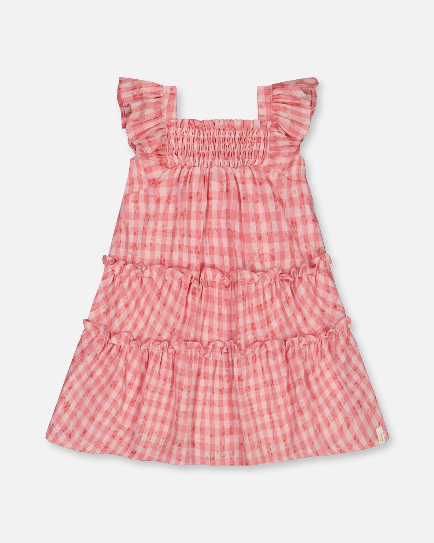 Smocked Layered Dress With Frill Sleeve Checked Pink