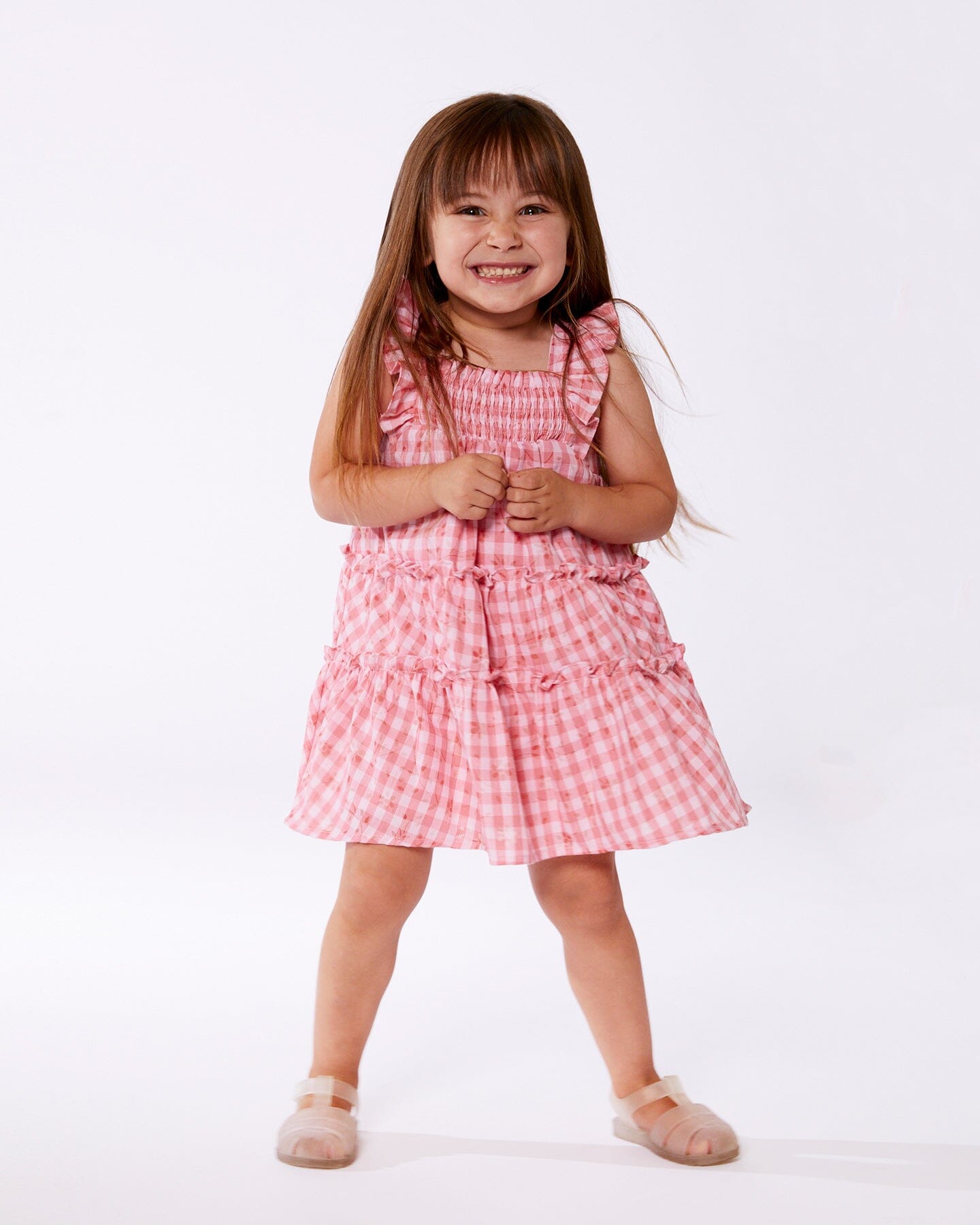Smocked Layered Dress With Frill Sleeve Checked Pink