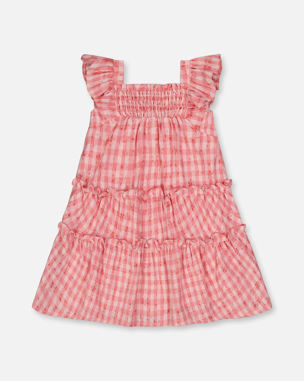 Smocked Layered Dress With Frill Sleeve Checked Pink