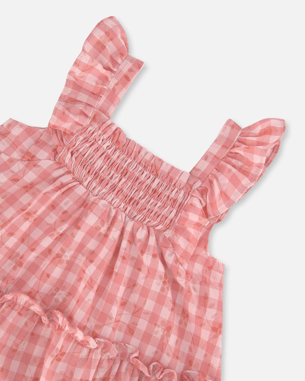 Smocked Layered Dress With Frill Sleeve Checked Pink