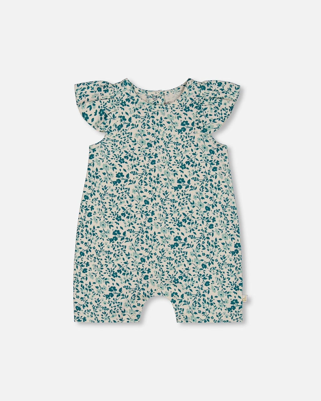 Printed Organic Cotton Romper With Frills Small Turquoise Flowers