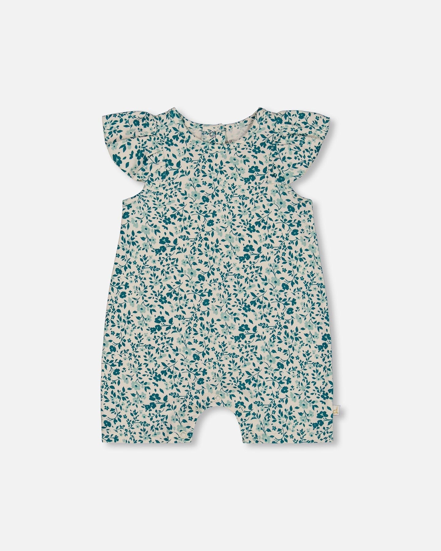 Printed Organic Cotton Romper With Frills Small Turquoise Flowers