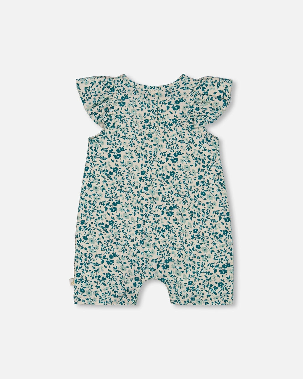 Printed Organic Cotton Romper With Frills Small Turquoise Flowers