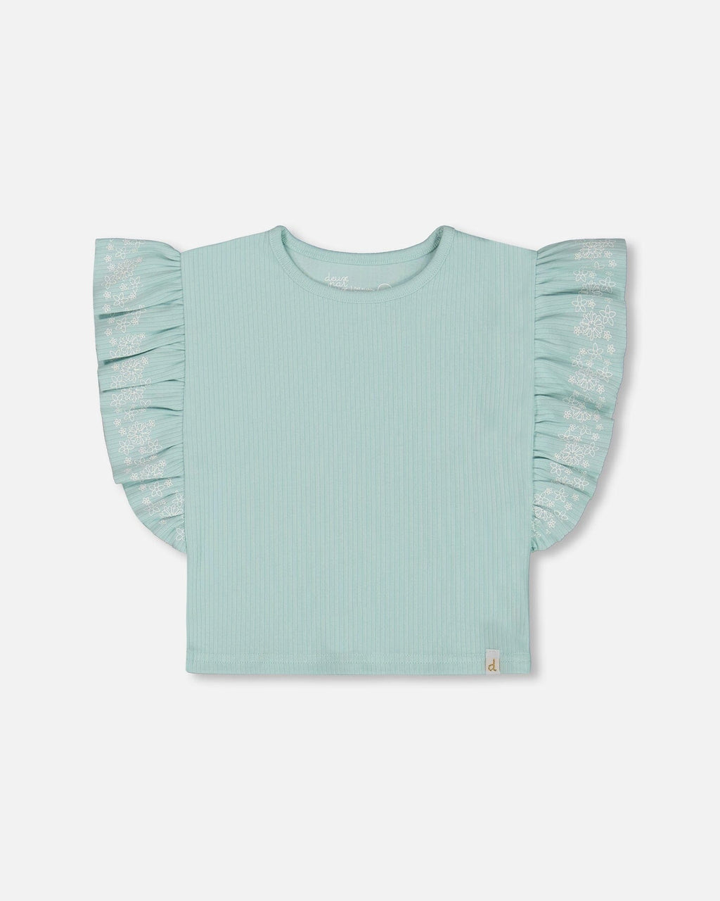 Flat Back Rib Tee With Embroidery And Frills Pale Teal