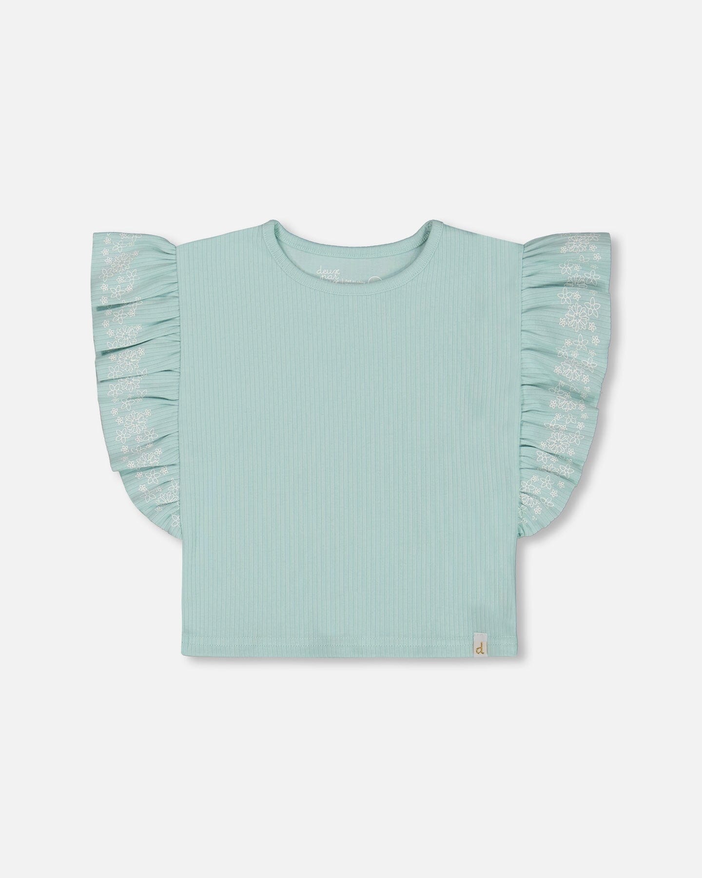 Flat Back Rib Tee With Embroidery And Frills Pale Teal