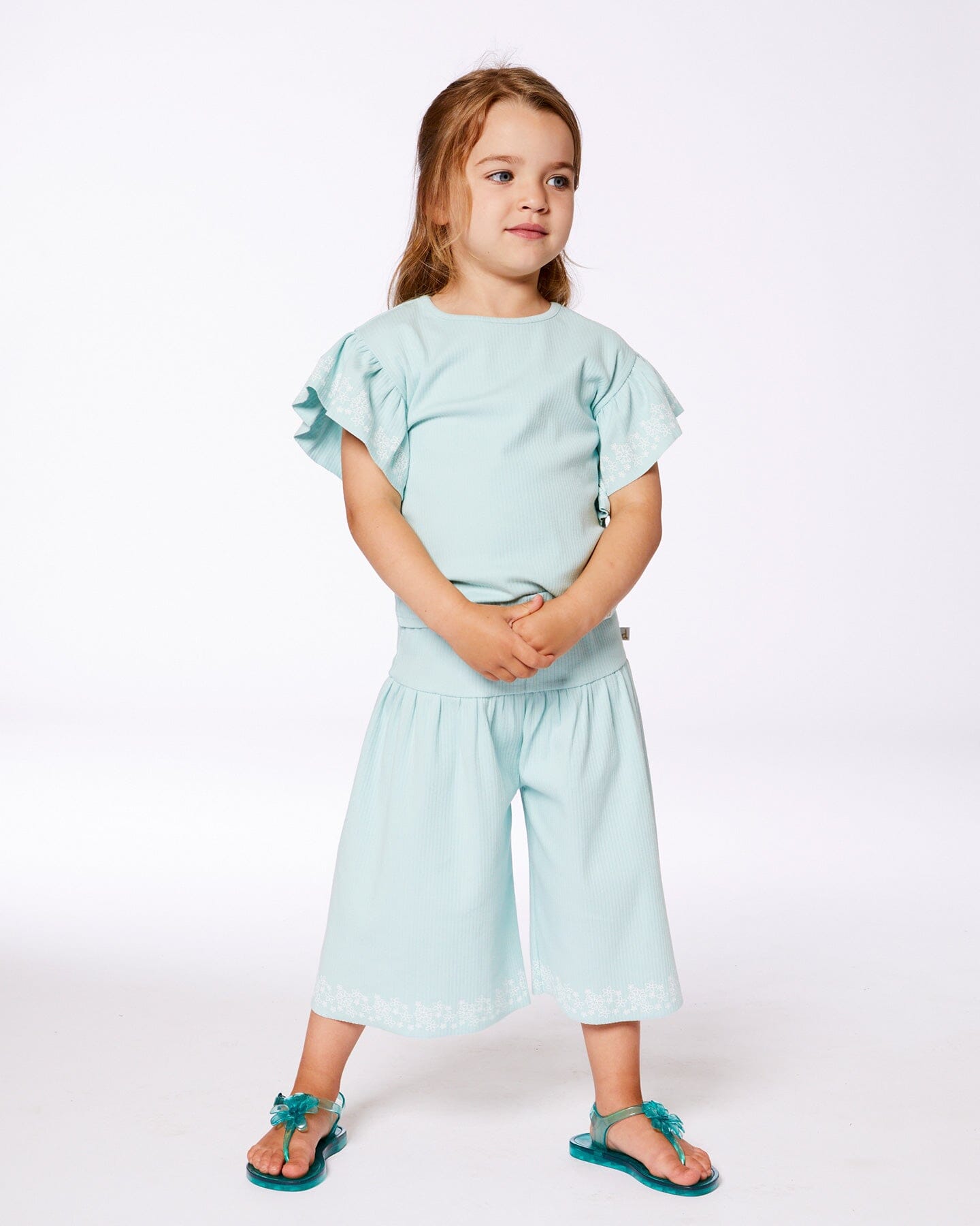 Flat Back Rib Tee With Embroidery And Frills Pale Teal