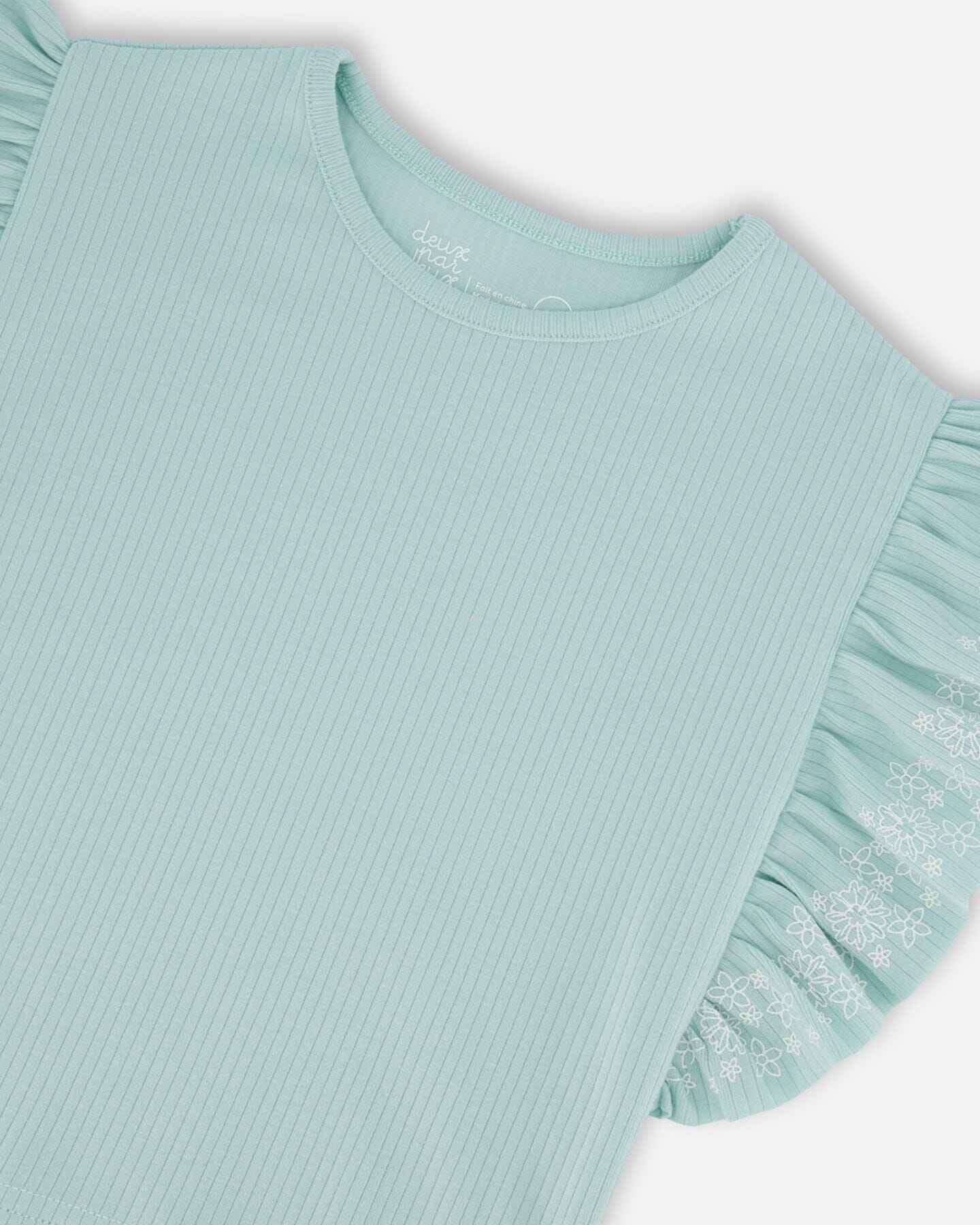 Flat Back Rib Tee With Embroidery And Frills Pale Teal