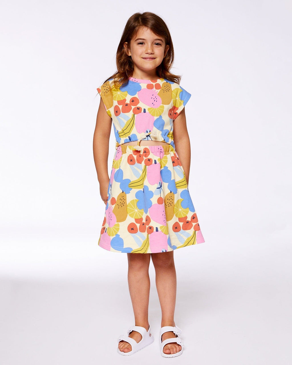 Printed French Terry Dress Fruits On Yellow Background