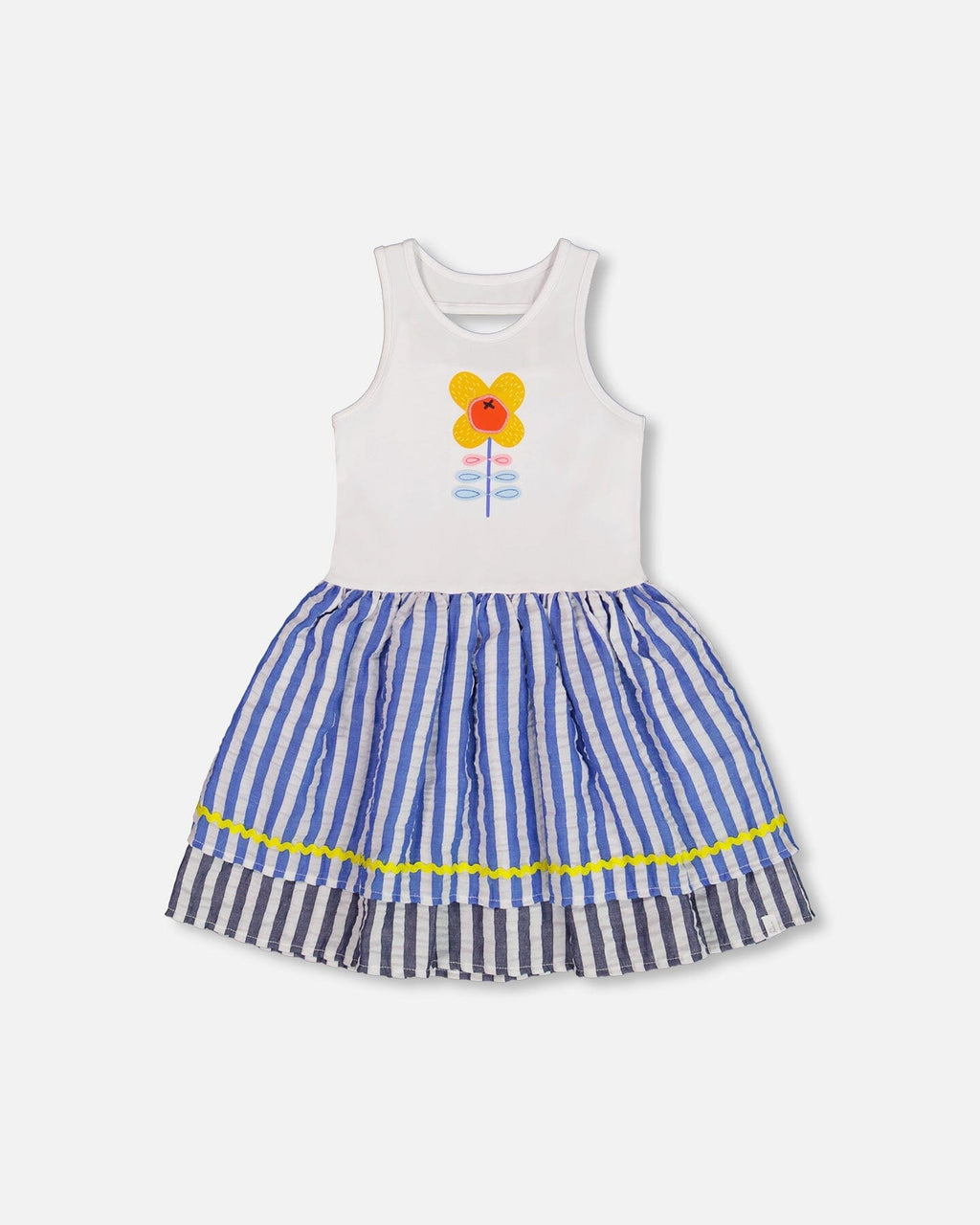 Bi-Material Cotton And Seersucker Dress White And Royal Blue