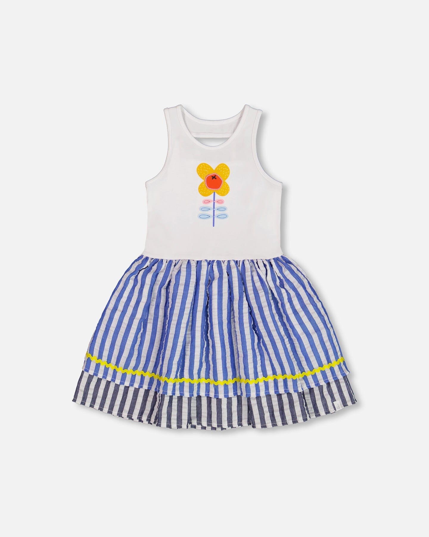 Bi-Material Cotton And Seersucker Dress White And Royal Blue