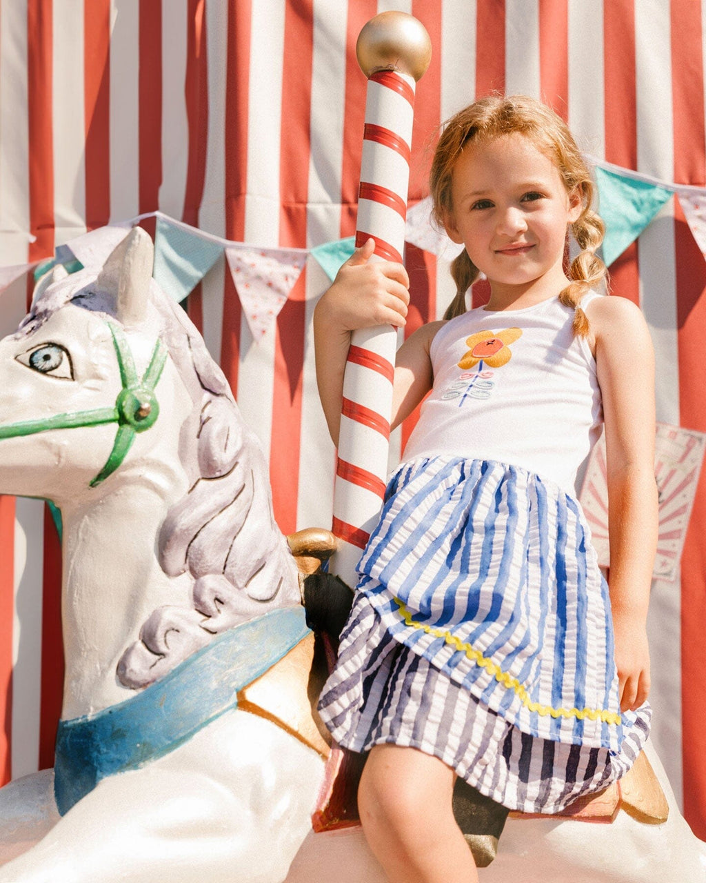 Bi-Material Cotton And Seersucker Dress White And Royal Blue