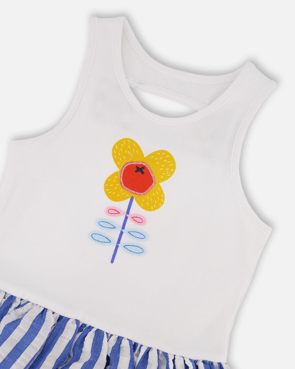 Bi-Material Cotton And Seersucker Dress White And Royal Blue