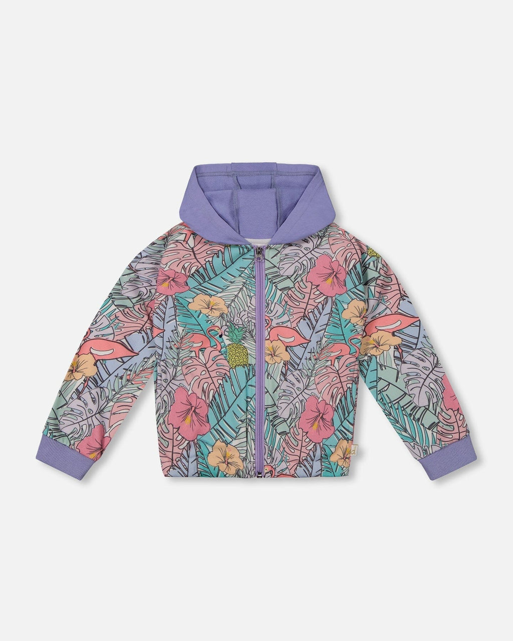 Printed French Terry Hoodie Cardigan Lilac Tropical And Pink Flamingos