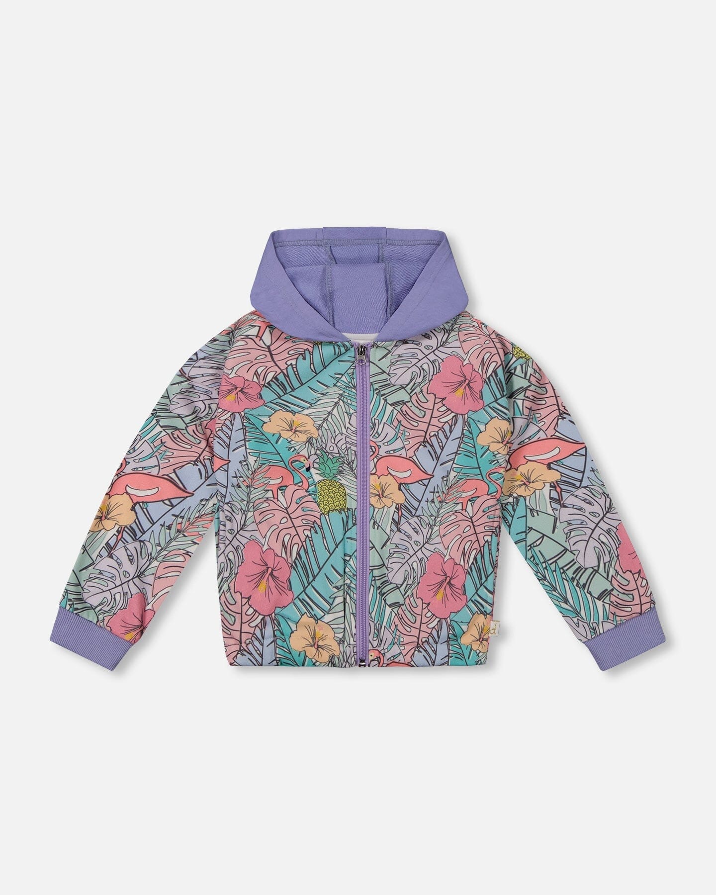 Printed French Terry Hoodie Cardigan Lilac Tropical And Pink Flamingos