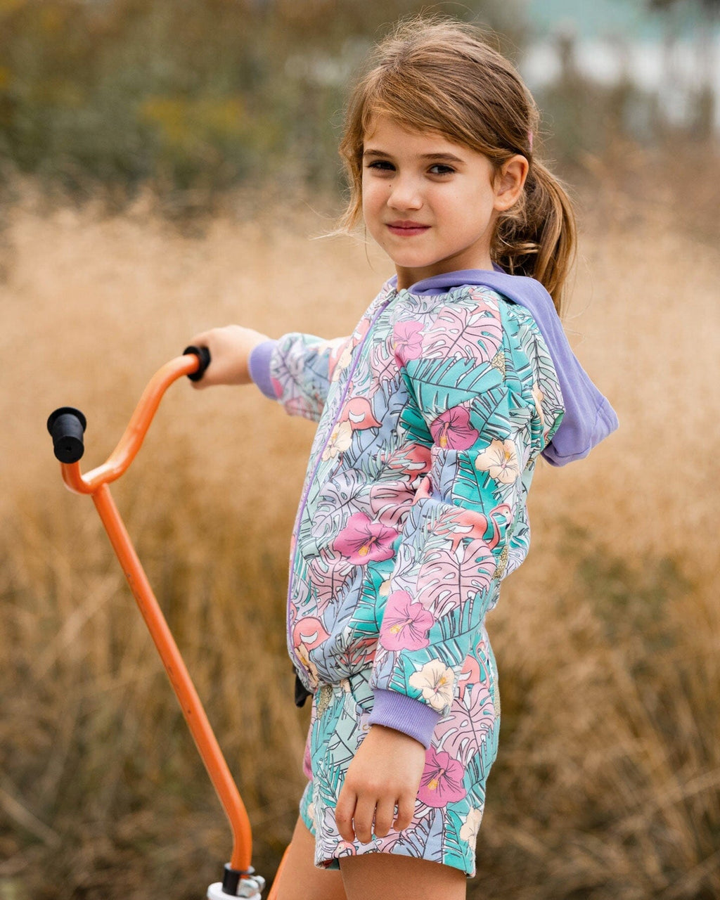 Printed French Terry Hoodie Cardigan Lilac Tropical And Pink Flamingos