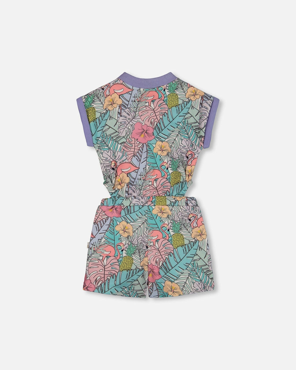 Printed French Terry Romper Lilac Tropical And Pink Flamingos
