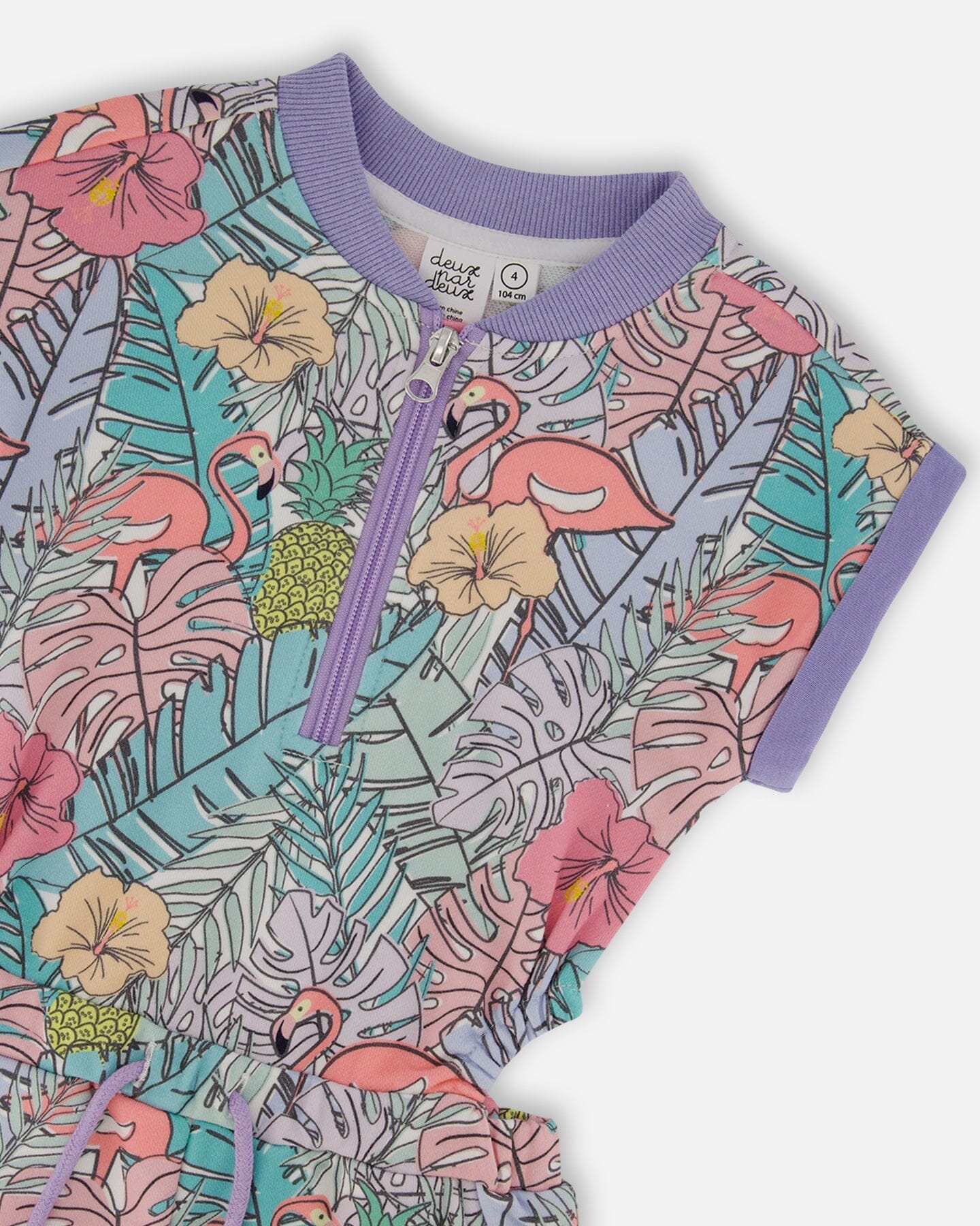 Printed French Terry Romper Lilac Tropical And Pink Flamingos